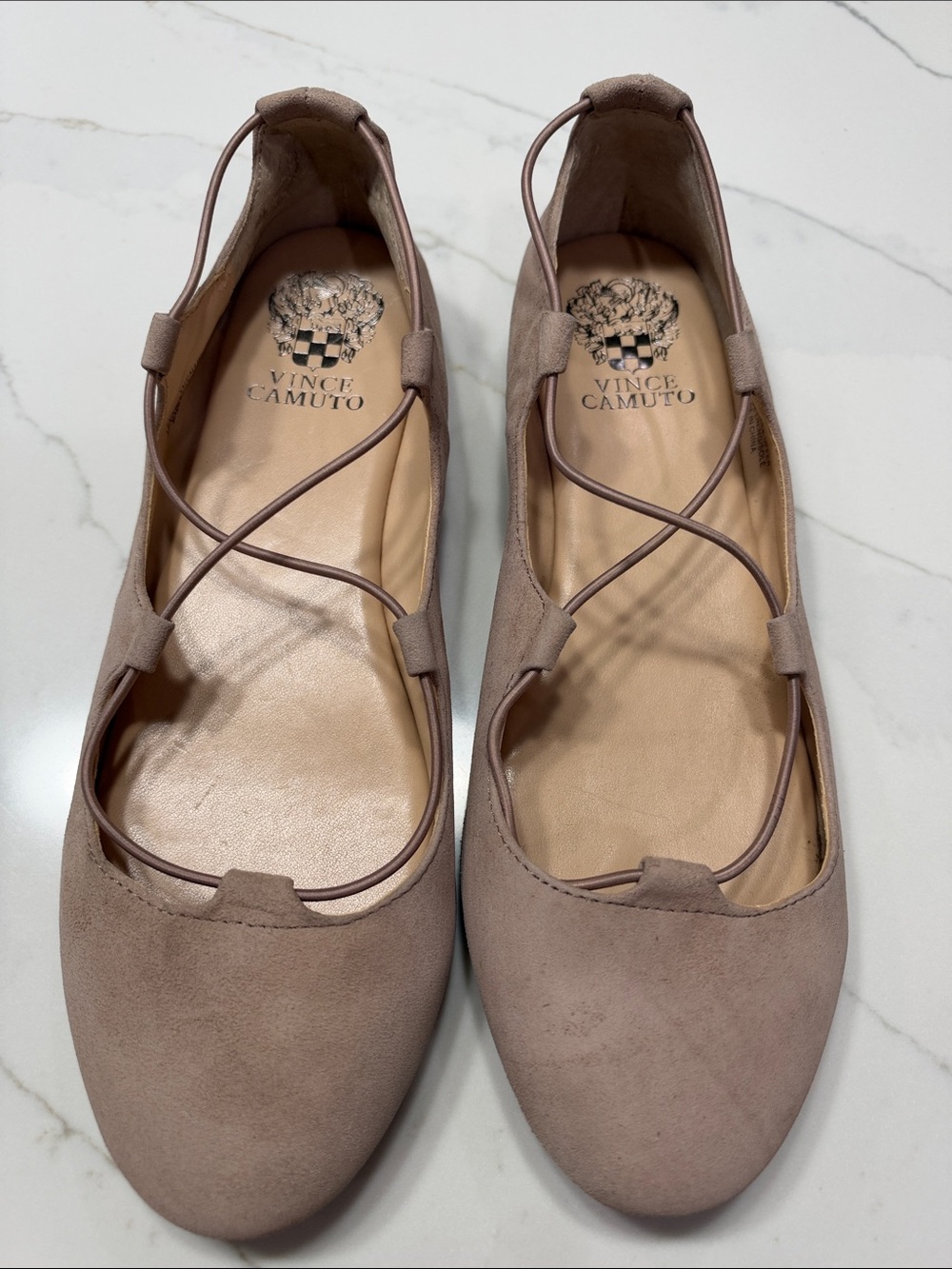 Vince Camuto Taupe Suede Crisscross Lace Flats
